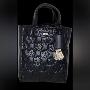 DKNY black Lexi Mini  Embossed monogram leather crossbody tote bag